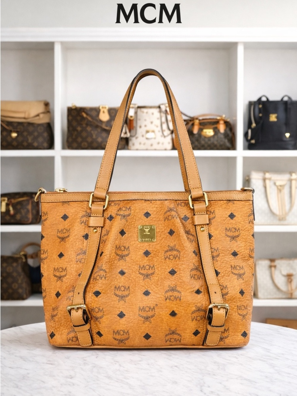 MCM Cognac Visetos Logo Buckle Tote with Gold Plate